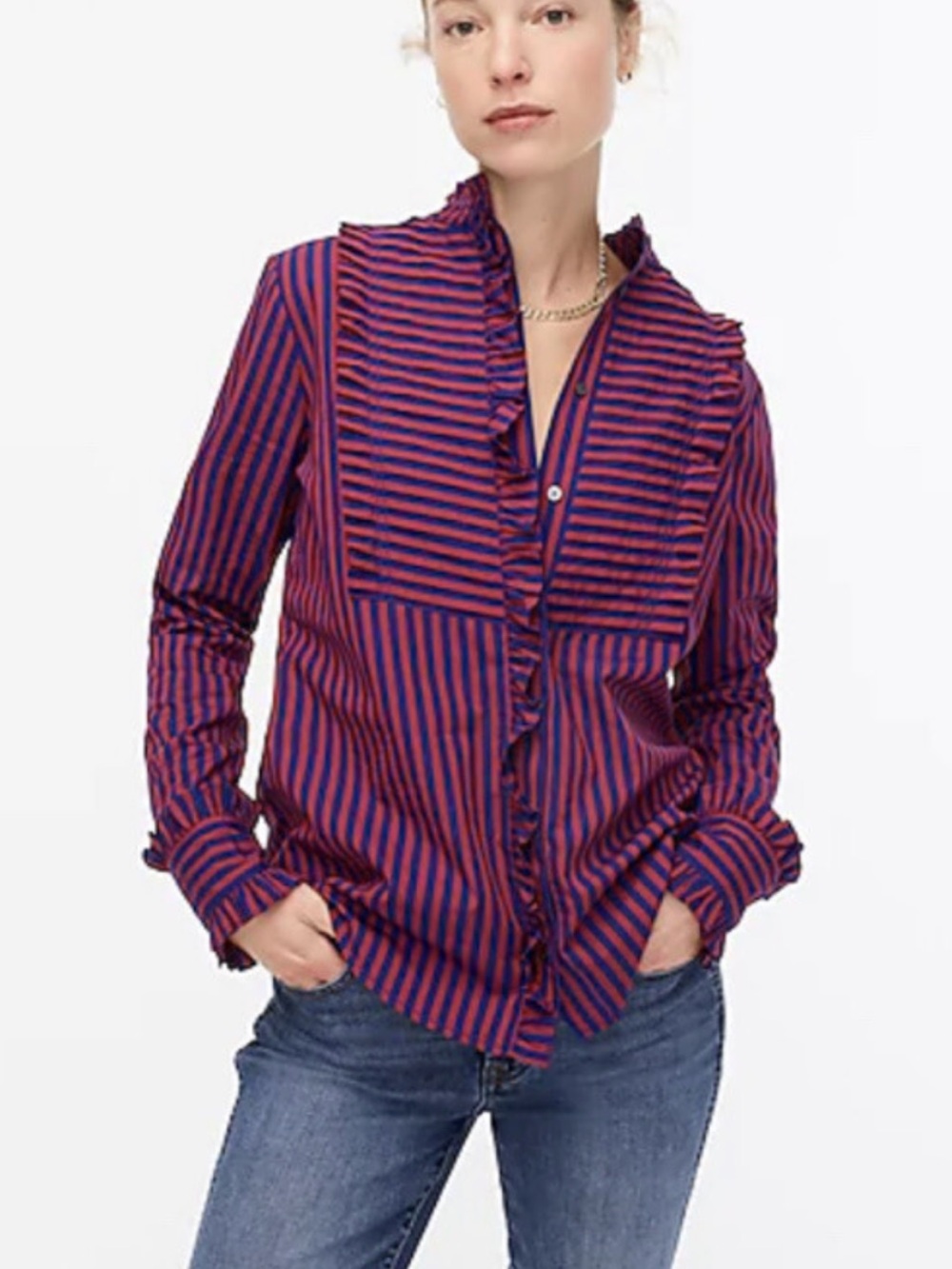 J. Crew Purple and Red Striped Ruffle-Trim Button Down Shirt